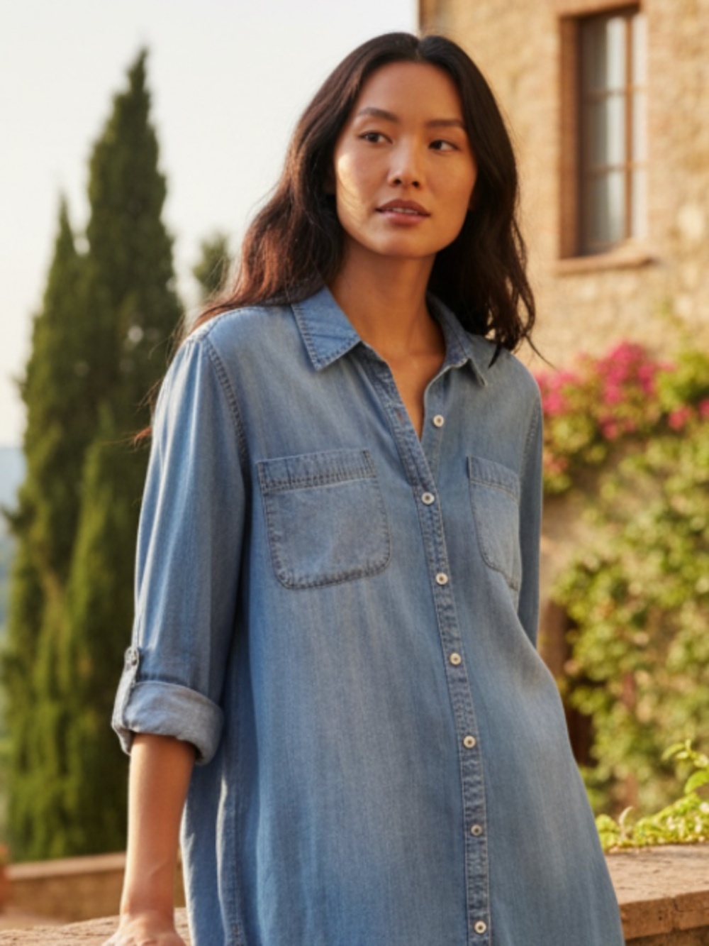 New Chicos Shirt Top Button Down Sz 2 (Large 12 14) Jean Denim Chambray Blue